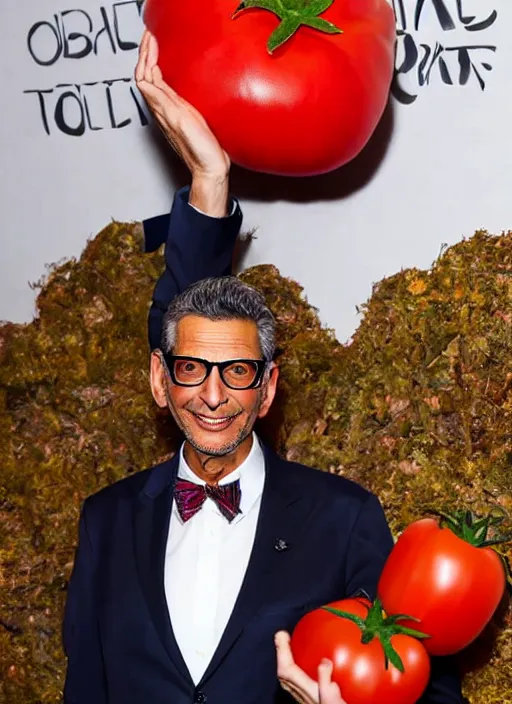 Image similar to jeff goldblum dressed up in a tomato costume