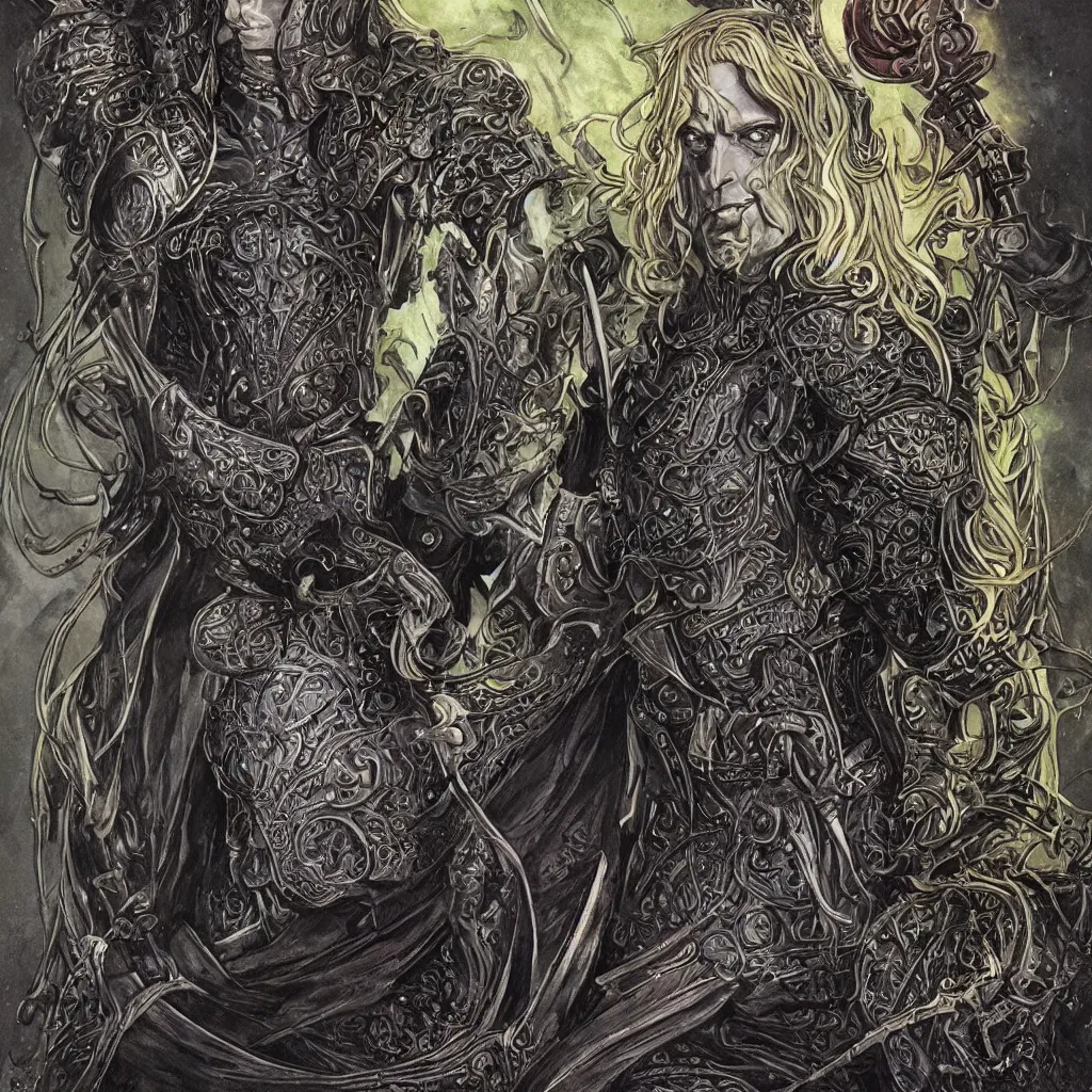 Image similar to A dramatic full color art nouveau bust portrait of Elric of Melnibone in black detailed armor, holding a rune-engraved black broadsword glowing with eldritch power, wearing an intricately hyperdetailed eyeball star chaos crown, by Travis Charest, P. Craig Russell, Michael Kaluta and Jia Ruan, fantasy, crisp lighting and edges, dark ambience, malevolent expression, determination, fear, confidence, accurate symmetrical facial details, aquiline facial features, medieval fantasy designs, white wolf