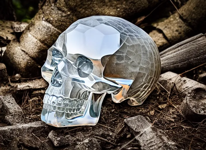 Image similar to crystal skull encased in a crystal box On a pedestal in ancient ruins in the forest. Highly detailed 8k. Intricate. Nikon d850 55mm. Award winning photography.