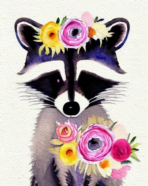 Prompt: a painting of a raccoon wearing a flower crown, a watercolor painting by annabel kidston, a storybook illustration, trending on pinterest, rococo, muted colors, soft, smooth, made of flowers, watercolor, whimsical, white paper, minimalist, simple