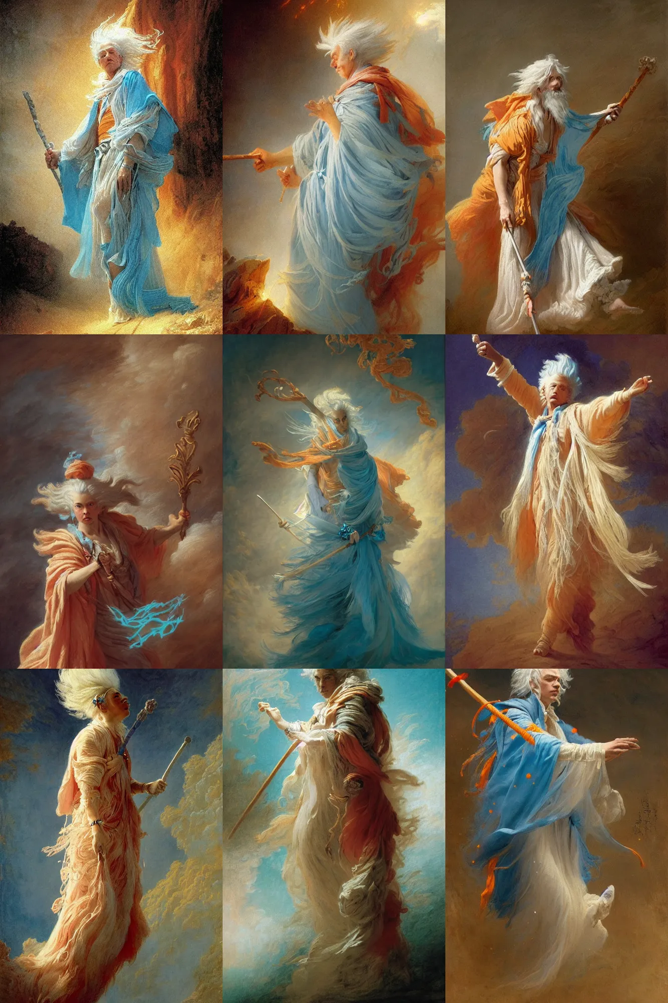 Prompt: a wizard with white hair and a cyan cape, windy, orange ribbons, stars, stoic, modern maximalist fashion dress, is ( ( holding a staff ) ). light dust, magnificent, hyperdetailed, theatrical, painted by jean honore fragonard and gaston bussiere and greg rutkowski