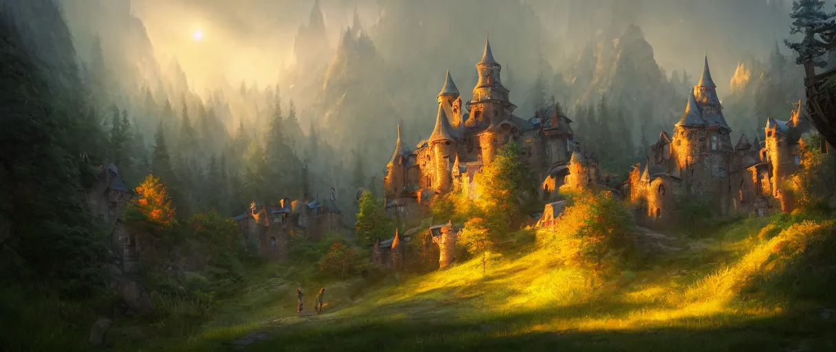 Prompt: digital painting of a detailed castle village, behind a forest, large mountains in back, concept art, low angle, high detail, warm lighting, volumetric, godrays, vivid, beautiful, trending on artstation, by Jordan grimmer, no focus, huge scene, grass, no bricks