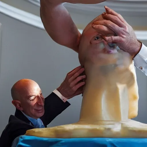 Image similar to a close up of servants applying Turtle Wax to the top of Jeff Bezos head to increase its shine. Hyper realistic, photorealism.