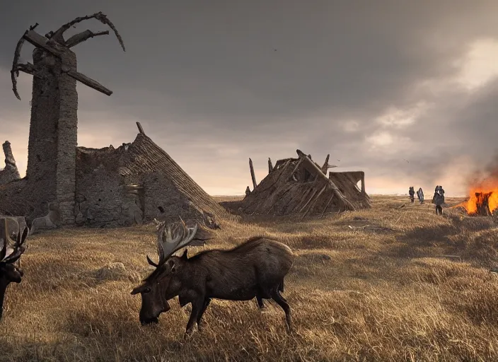 Image similar to a viking and a moose walks in the ruins of a viking village, burnt huts, bodies on the ground, horror, dramatic lighting, dawn, by caspar david friedrich, unreal engine 5