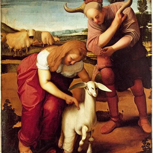 Image similar to woman with horns holds a goat, renaissance painting