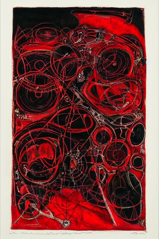 Image similar to a black and red crimson biomechanical talisman of eternal knowledge, aurora borealis, eclipse by maggi mcdonald, jackson pollock, mark rothko, sabina klein