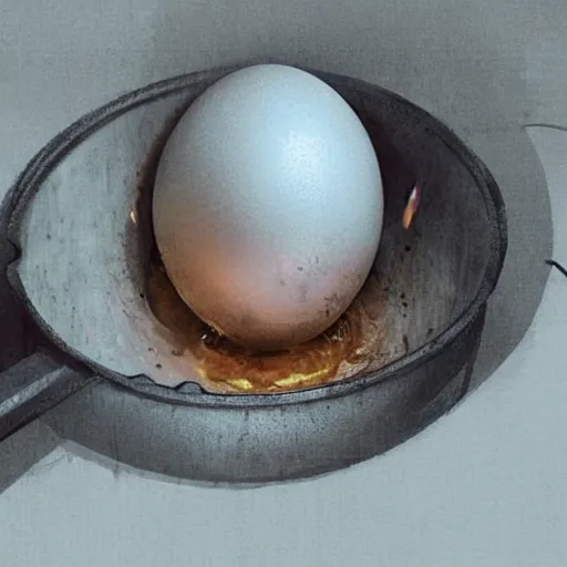 Image similar to a large egg frying in a pan with edward norton's face emerging from the yolk, concept art by greg rutkowski