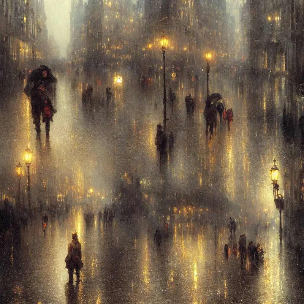 Prompt: a beautifull intricate city, wet sidewalk, people, reflections, raindrops, high details, art by william turner, by greg rutkowski and by alphonse mucha, trending on artstation, extremely detailed, masterpiece