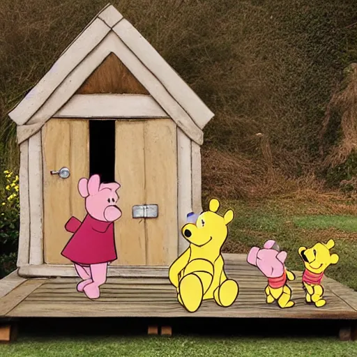 Prompt: winnie the pooh and Piglet visit a Norwich, Norfolk, buildings made from wood, photorealistic