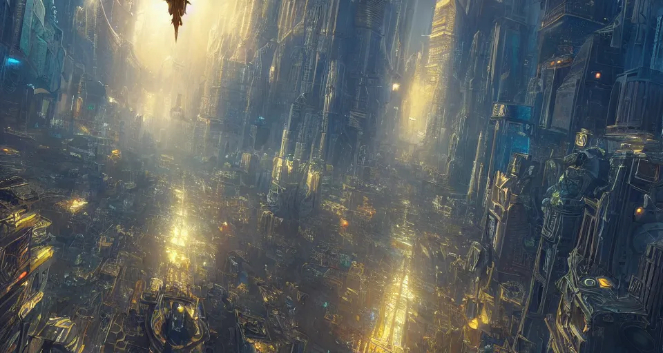 Prompt: golden prism biblically-accurate seraphim flying over a cyberpunk metropolis by Justin Gerard, Stephan Martiniere, and Quentin Mabille, detailed, dusk, intricate shading, volumetric lighting, artstation, 4k