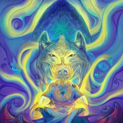 Image similar to enlightened royal wolf MICHAEL DIVINE and by AMANDA SAGE , trending on artstation, cartoon, adventure time style