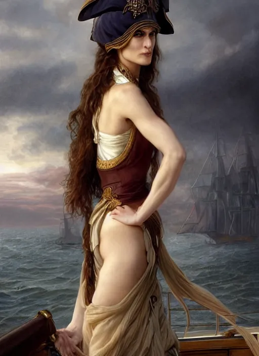 Image similar to portrait Keira Knightley as sea pirate on a ship, full length shot, shining, 8k highly detailed, sharp focus, illustration, art by artgerm, mucha, bouguereau