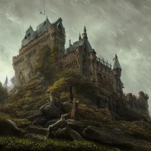 Image similar to mideval fantasy castle in an epic forrest clearing in style of caspar david friedrich,dawn,conceptart,detailed,trending on artstation