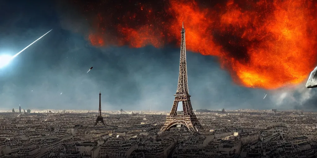 Prompt: the eifel tower gets hit by an asteroid, multiple asteroids are in the air, paris in the background is burning, apocalyptic, highly detailed, 4 k, digital paintin, sharp focus, tending on artstation