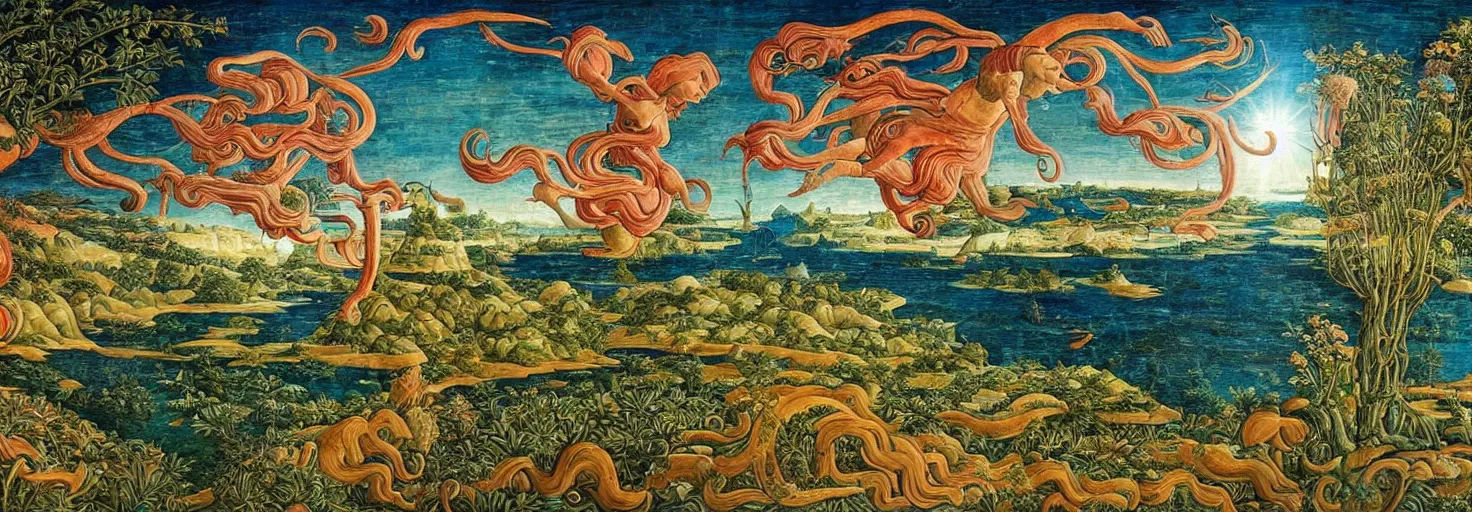 Prompt: beautiful landscape mural of an alien planet, lush landscape, vivid colors, intricate, highly detailed, masterful, fantasy world, in the style of sandro botticelli, moebius