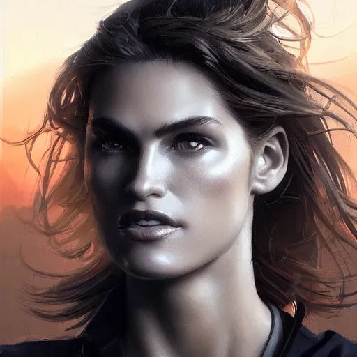Prompt: a closeup portrait of a young cindy crawford, dramatic light, city background, sunset, high contrast, sharp, painted by stanley lau, painted by greg rutkowski, painted by stanley artgerm, digital art, trending on artstation