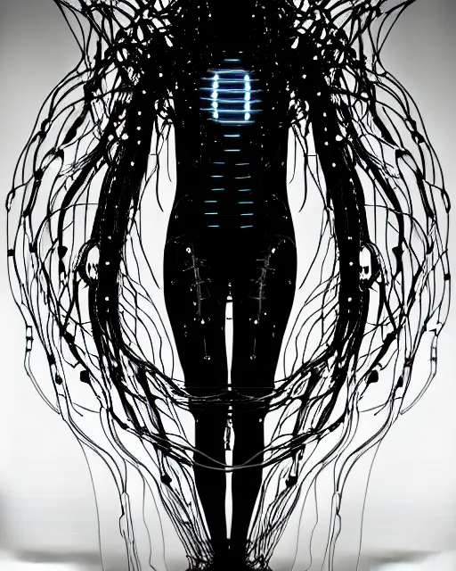 Image similar to black and white young cyborg-human-jellyfish-plant goddess high quality photo, microchip, artificial intelligence, bio-mechanical bio-luminescence, black wired cables, neurons, nerve cells, octane render, cinematic, rim light, hyper realism, photo-realistic, high detail, 8k, masterpiece, high fashion, in the style of Steven Meisel and Dora Maar and H.G. Giger