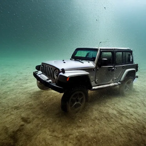 Prompt: eerie murky underwater photo of an upside - down jeep sinking down. bubbles. 4 k.