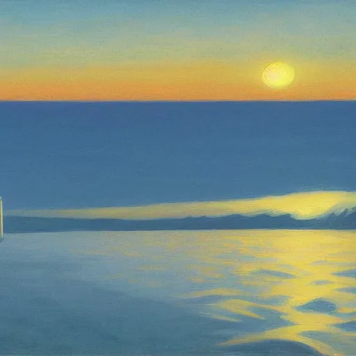 Image similar to a beautiful painting of a calm and serene sea landscape at sunset by edward hopper and hiroshi nagai, trending on artstation,