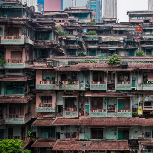 Prompt: long shot of a robot climbing up the side of kowloon walled city, 4 k photo