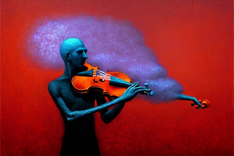 Image similar to abstract tech concept of the mystery musician with colored smoke playing a violin, in the style of rafał olbinski, in the style of beksinski, intricate and epic composition, red by caravaggio, insanely quality, highly detailed, masterpiece, purple light, artstation, 4 k