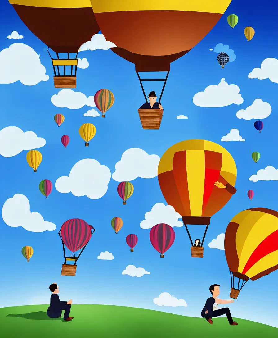 Prompt: single man sitting in hot air balloon and going into space, hyper realistic, in the style of greg rutsowski