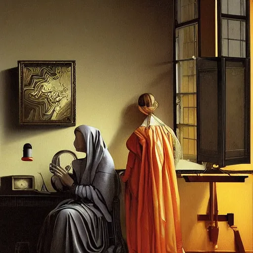 Image similar to beautiful painting of science, spatial space deformation in latent space, math art, by artgerm and dan mumford and vermeer and gustave dore