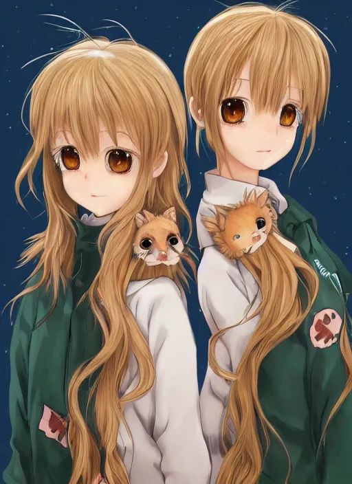 Image similar to highly detailed portrait of one blonde and one brown haired anime girl in animal themed onesies pressed against each other looking at us, detailed eyes, happy, excited, digital art, cute, anime, detailed faces, well drawn faces, cute faces, hand drawn, 8 k, trending on artstation, detailed eyes, official media, by hayao miyazaki