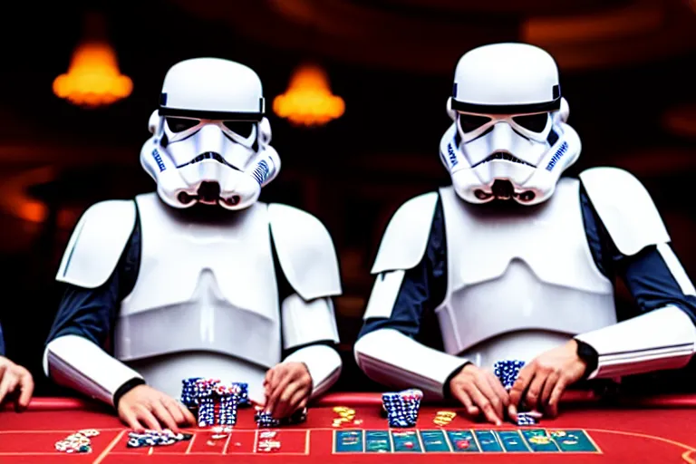 Prompt: a photo of two stormtroopers playing craps in las vegas, wide shot, 3 5 mm, bokeh, blurred background, colorful lights