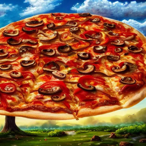 Image similar to highly detailed, high resolution, hyper realistic, 8 k, trending on artstation, landscape nature painting, trees made out of pizza, ground is made of cheese and pepperoni, waterfall made of marinara sauce, clouds are bell peppers, mushrooms