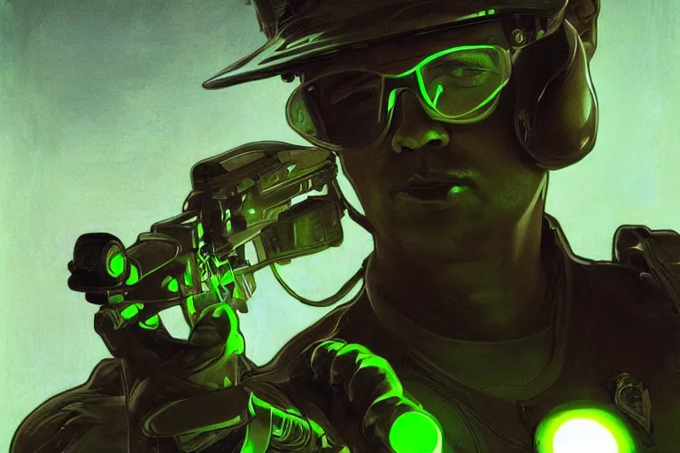 Image similar to Beautiful portrait of a glowing translucent body glowing male police officer wearing cool shades. Green fluorescent aura around officer, wide angle, magic, fire, darkness, dramatic lighting, Africa, intricate, wild, highly detailed, digital painting, artstation, concept art, smooth, sharp focus, illustration, art by artgerm and greg rutkowski and alphonse mucha, footage from space camera