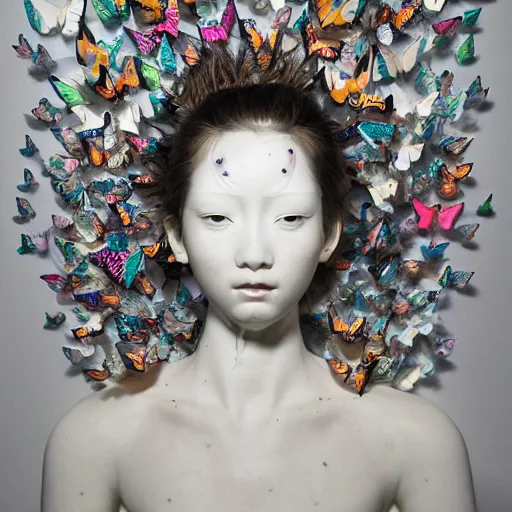Prompt: full head and shoulders, beautiful female white, award - wining porcelain sculpture, with lots of colorful butterflies attached to head by yoshitaka amano, daniel arsham and sandra chevrier, on a white background, delicate facial features, white eyes, white lashes, high - resolution, perfect composition