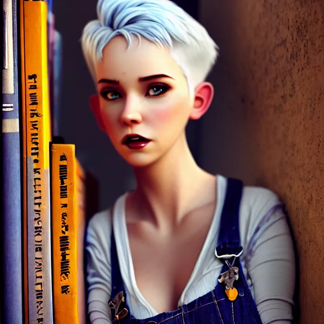 Image similar to full body pose, beautiful adult fairy, pixar, short white hair shaved sides, dirty, grungy, grunge, long sleeve, painted overalls, stacks of giant books, highly detailed, 4 k, hdr, smooth, sharp focus, high resolution, award - winning photo, artgerm, photorealistic