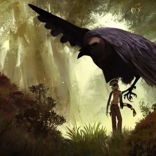 Image similar to concept art painting of a person with a head of a crow, with steampunk clothes, in the deep forest, realistic, detailed, cel shaded, in the style of makoto shinkai and greg rutkowski and james gurney