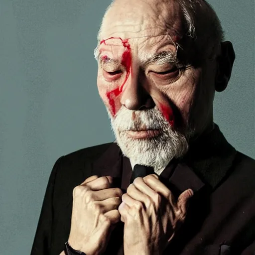 Image similar to old man cover with bloods, art by joongwon charles jeong, tjalf sparnaay, gottfried helnwein, roberto bernardi, emanuele dascanio, robin eley, eloy morales