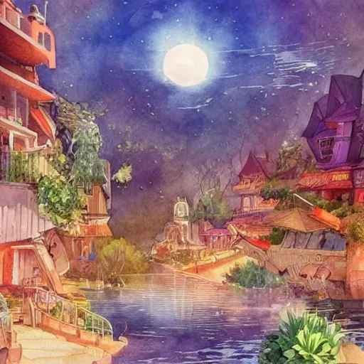 Image similar to Beautiful happy picturesque charming sci-fi town in harmony with nature. Beautiful light. Water and plants. Nice colour scheme, soft warm colour. Beautiful detailed watercolor by Vincent. (2022)