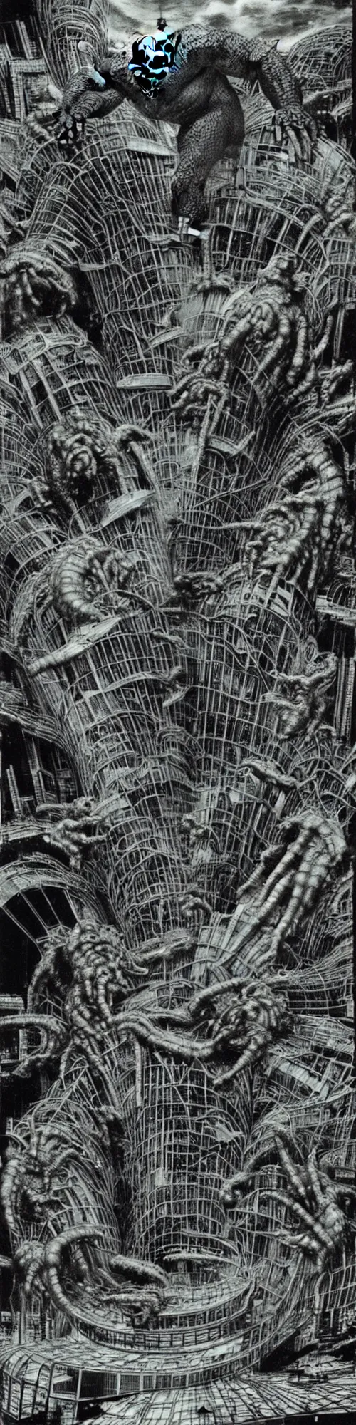 Image similar to hologram king kong and godzilla spiraling together like liquid smoke, loose wires, exposed circuits, trash, china monster building, brutalism, hr giger, basil wolverton, minakari, vegetal patterns