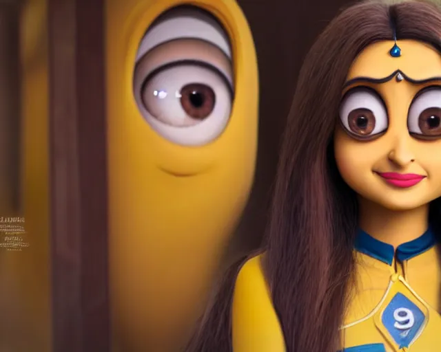 Prompt: a photo of aishwarya rai as a minions, hyper realistic face, beautiful eyes, cinematic, long shot, hyper detailed, 8 5 mm photograph, 8 k resolution, film still, sharp lens, wide lens