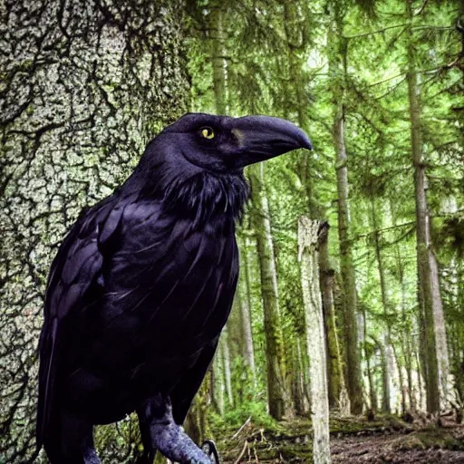 Image similar to werecreature crow, photograph captured in a forest