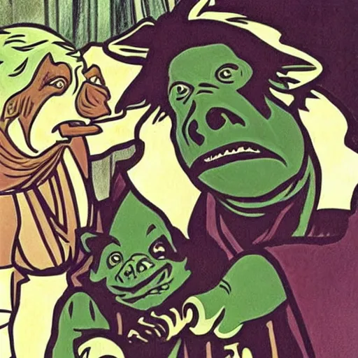 Prompt: baby gamorrean guard being looked after by tom baker dr who, alphonse mucha