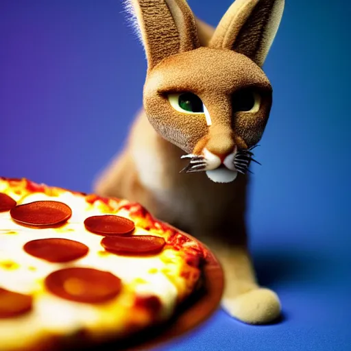 Image similar to a macro photo of cute fluffy caracal toy and a slice of pizza, cheese and pepperoni, hyper realistic, hyper detailed, 35mm, very grainy film, volumetric studio lighting, bokeh, black background award winning shot, vogue magazine, cinematic, 8k, very closeup, elegant, tender, pastel