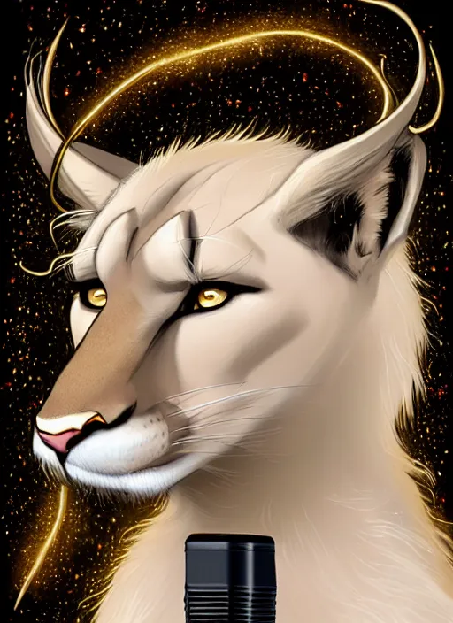 Image similar to award winning beautiful portrait commission of a male furry anthro albino mountain lion with a beautiful hyperdetailed attractive outfit and face wearing a gold and black rockstar outfit singing into a microphone on a stage. Character design by charlie bowater, ross tran, and makoto shinkai, detailed, inked, western comic book art