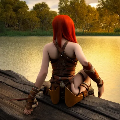 Image similar to beautiful female redhead elf warrior wearing tanned leather and a longbow and quiver on her back, sitting next to a beautiful lake at sunset, enjoying the wind, looking at the water. 8 k ultra realistic, award winning, unreal engine 5, masterpiece, atmosphere glow, hyperrealistic, focused, extreme details, cinematic