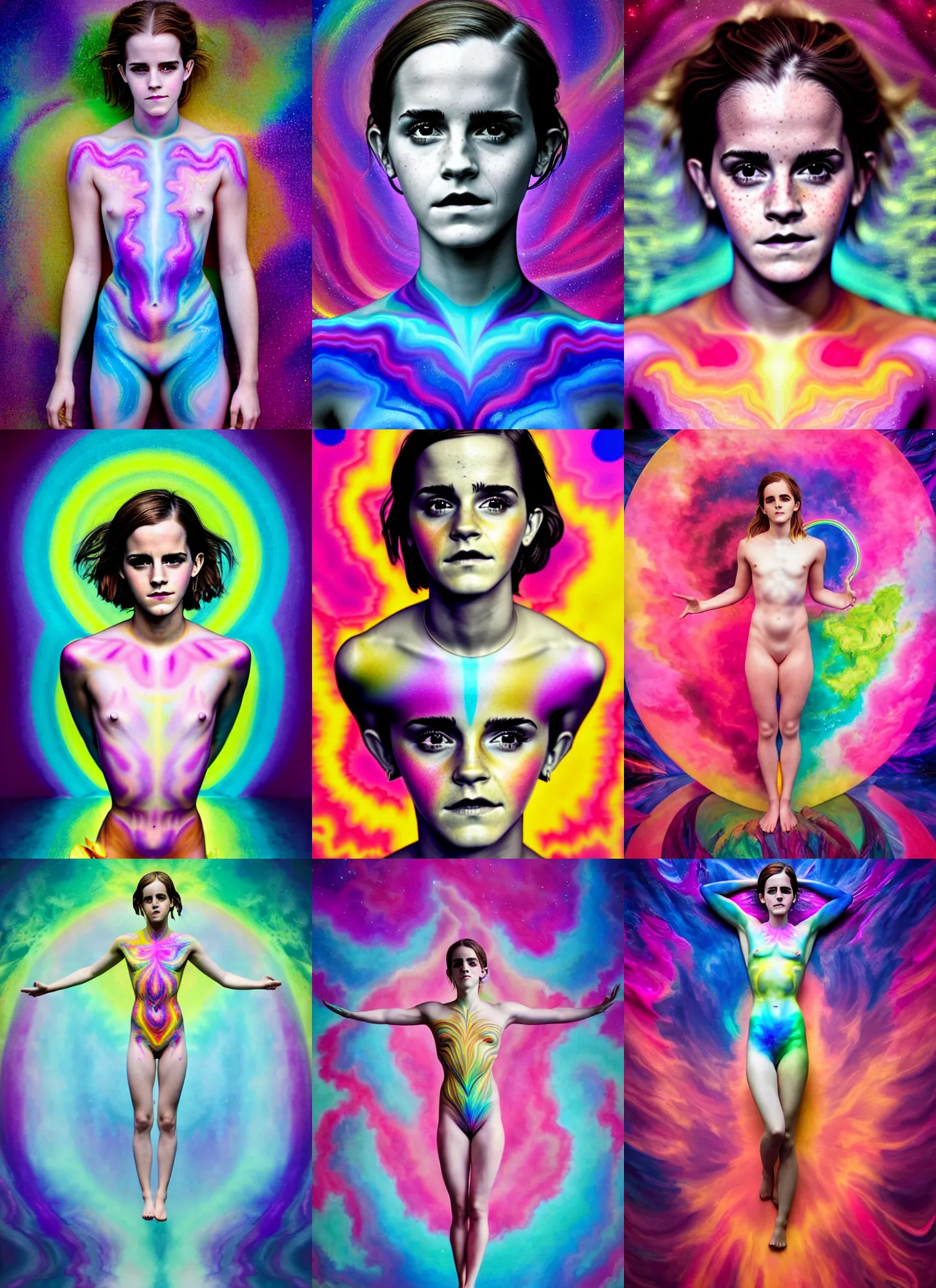 Prompt: full body Emma Watson by Jean-Baptiste Carpeaux and Luo Li Rong and Michael James Talbot as goddess, all body, floating in space. perfect symmetrical face, colorful, psychedelic psychedelic psychedelic colors, fractals, fresh rainbow bodypainting, synthwave, in full growth, elegant, realistic, 8K, female full-skin figure, hyperrealism, subsurface scattering, raytracing, rim light, Octane Render, Redshift, Zbrush, H R Giger, Zdzisław Beksiński, complex psychedelic glitch background