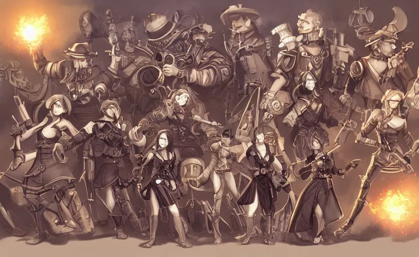 Prompt: character roster concept drawing for a steampunk fantasy themed tactical rpg, artwork by ross tran