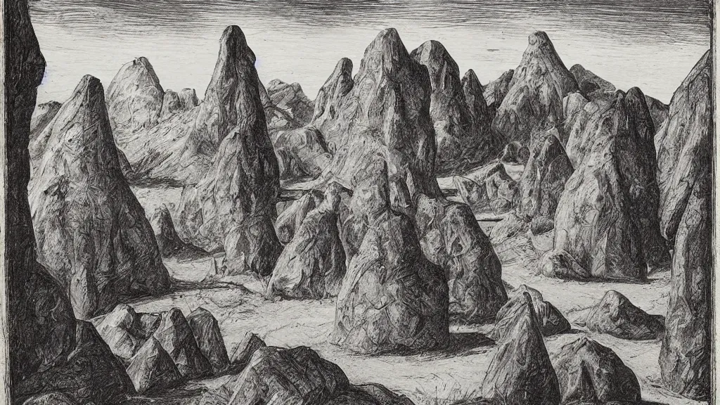 Image similar to a medieval chiaroscuro lithograph of a colossal abstract granite sculpture garden by kurt seligmann and henry moore and edward steichen, on a lawn, distant mountains, the merely beautiful bore me to death