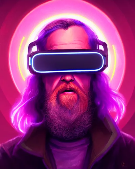 Image similar to portrait of cyber dumbledore wearing a vr set with lots of neon sitting in his room by greg rutkowski, perfect faces, fine details