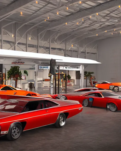 Image similar to indoors of car show pavilion with great cars of 1970s with stages like drive in and gas station, volumetric lighting, funky design, 1970s palette, hyper realism, high detail, octane render, high contrast , 8k