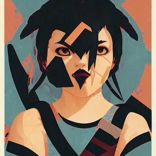 Prompt: Ibuki profile picture by Sachin Teng, asymmetrical, Organic Painting , Violent, Dark, Powerful, geometric shapes, hard edges, street fighter 3rd strike, graffiti, street art:2 by Sachin Teng:4