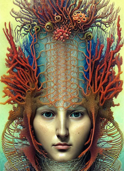 Image similar to realistic detailed underwater face portrait of the beutiful young goddess of the fish of the fractal waters with an intricate headdress of corals, sea kelp, sea plants, coral reef, fish, jellyfish, art by ernst haeckel, zdzisław beksinski, hieronymus bosch, gothic, neo - gothic, ornamental, beautiful deep colours,